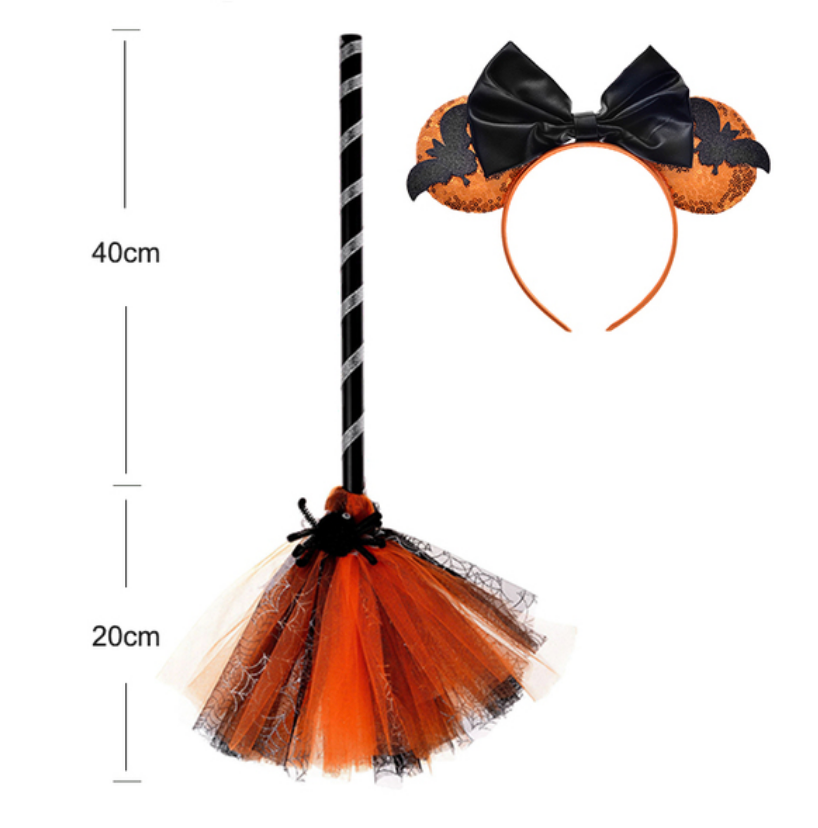 Acessório Vassoura e Tiara Morcego Laranja Halloween