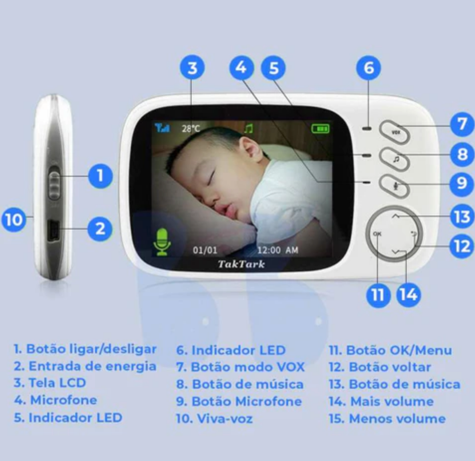 Babá eletrônica Top Tech com voz, visão noturna, controle de temperatura - taktark