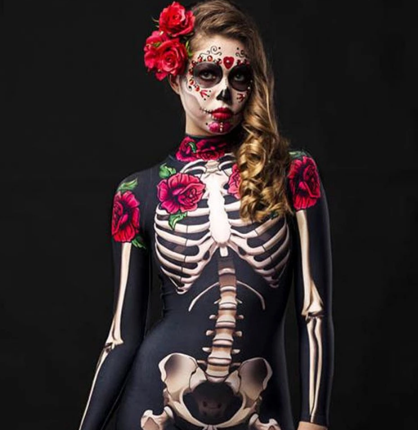 Fantasia Esqueleto Flores Halloween Familiar Mamãe