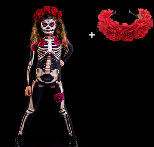 Fantasia Esqueleto Flores Halloween Luxo Familiar Menina