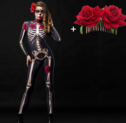 Fantasia Esqueleto Flores Halloween Luxo Familiar Mamãe